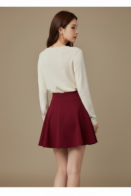 Pantalon Jupe Rouge Évasée Courte Taille Haute - Bordeaux Polyester - vue 2