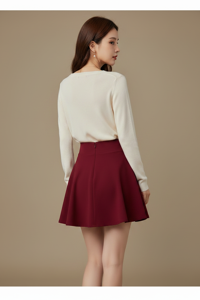 Pantalon Jupe Rouge Évasée Courte Taille Haute - Bordeaux Polyester - vue 2