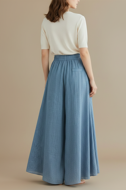 Pantalon Jupe Ample Fluide Coton Lin Bleu - vue 2