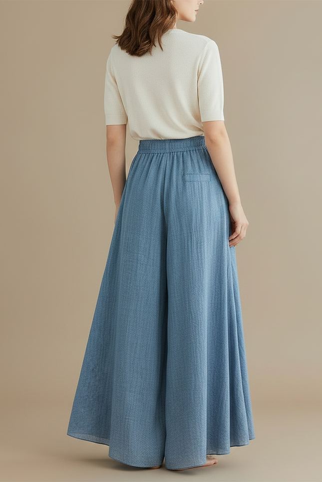 Pantalon Jupe Ample Fluide Coton Lin Bleu - vue 2