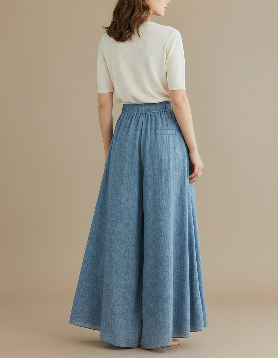 Pantalon Jupe Ample Fluide Coton Lin Bleu - vue 2