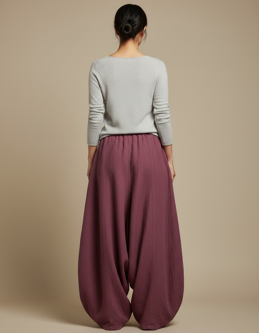 Pantalon Jupe Bordeaux Ample Lin Fluide Élégant - vue 2