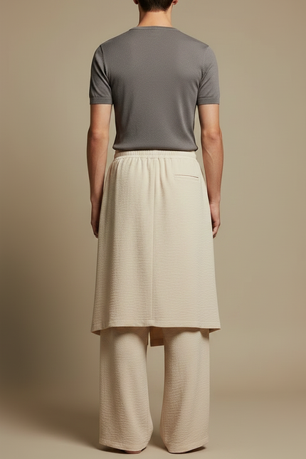 Pantalon Jupe Beige Plissé Ample Superposé Fluide - Viscose - vue 2