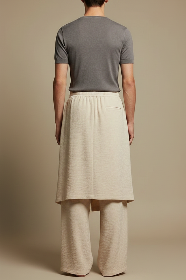 Pantalon Jupe Beige Plissé Ample Superposé Fluide - Viscose - vue 2