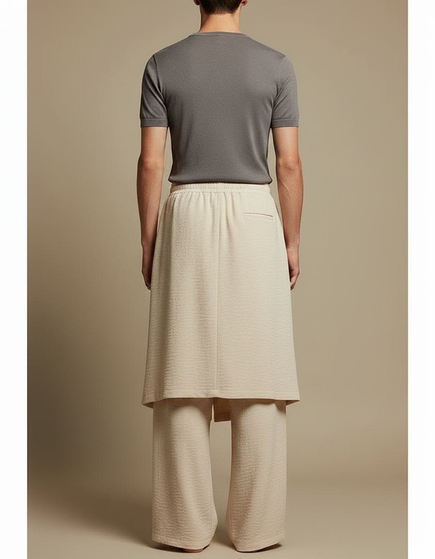 Pantalon Jupe Beige Plissé Ample Superposé Fluide - Viscose - vue 2