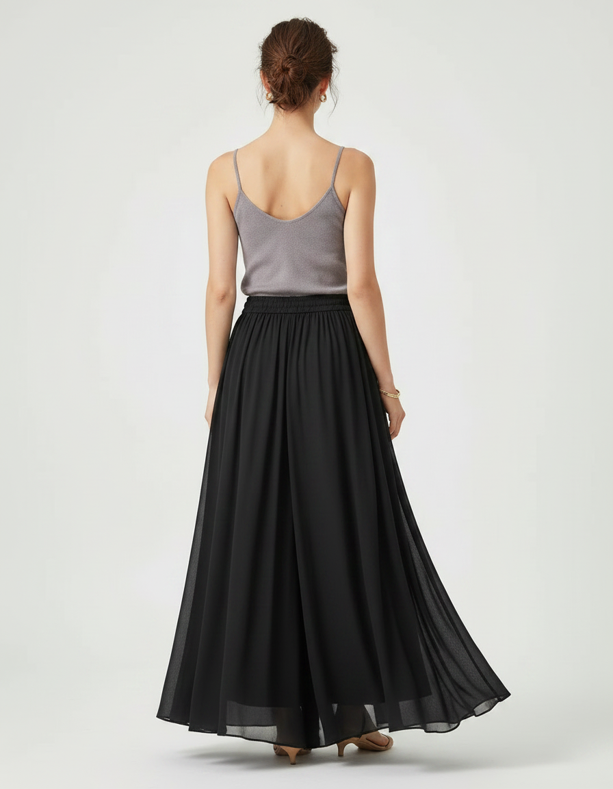 Pantalon Jupe Noir Fluide Maxi Élégant Femme - Polyester - vue 2