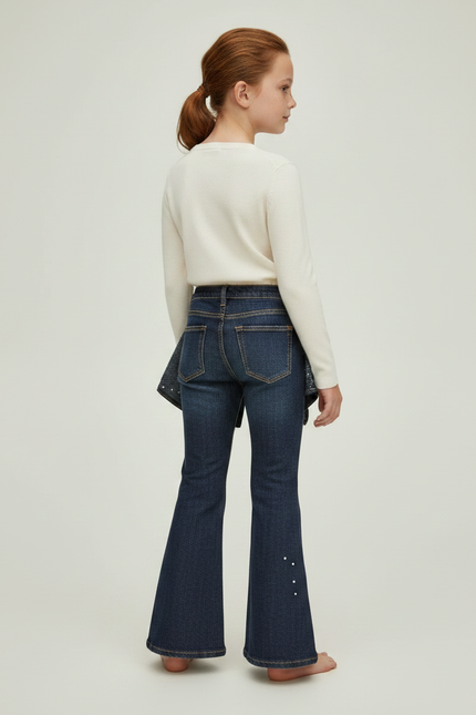 Pantalon Jupe Denim Évasé Bleu Perles Fille - Marine Jean - vue 2