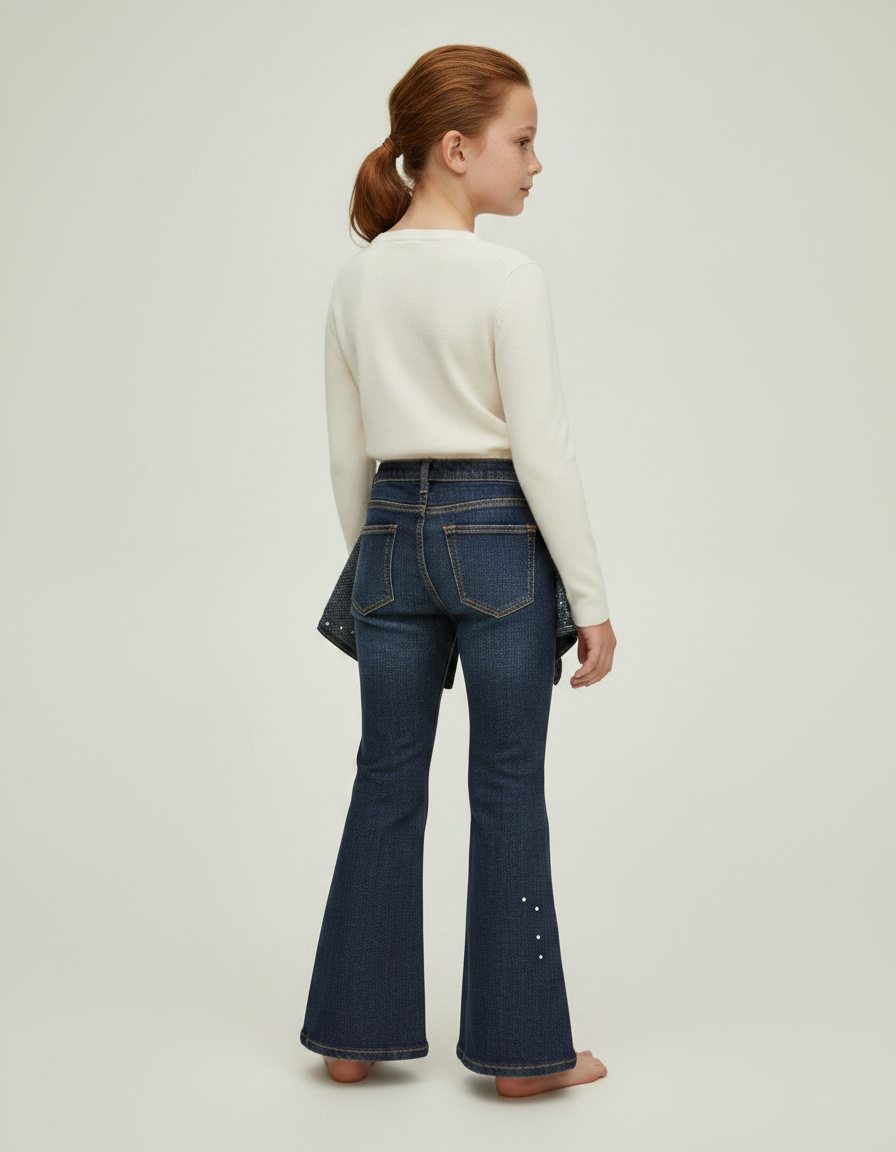 Pantalon Jupe Denim Évasé Bleu Perles Fille - Marine Jean - vue 2