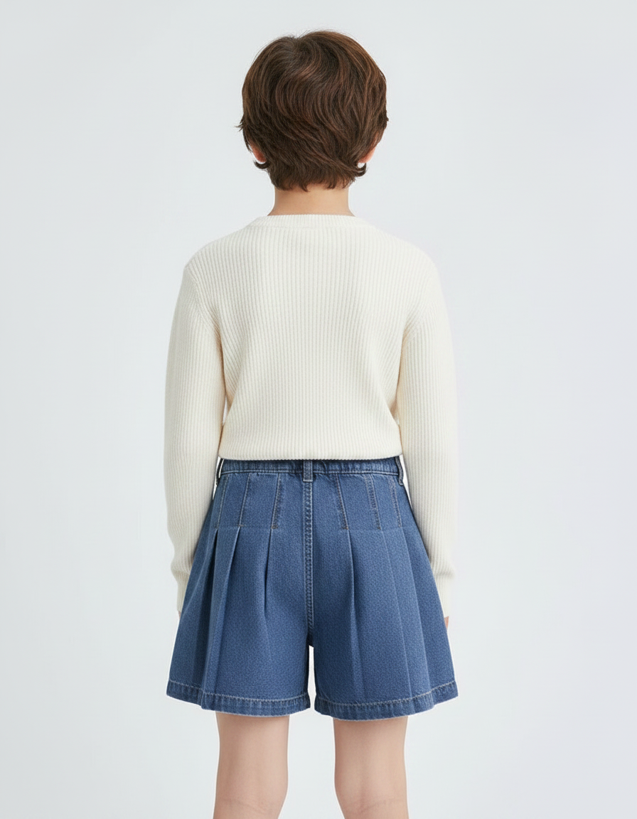Pantalon Jupe Plissé Denim Enfant Décontracté Vintage - Bleu Jean - vue 2