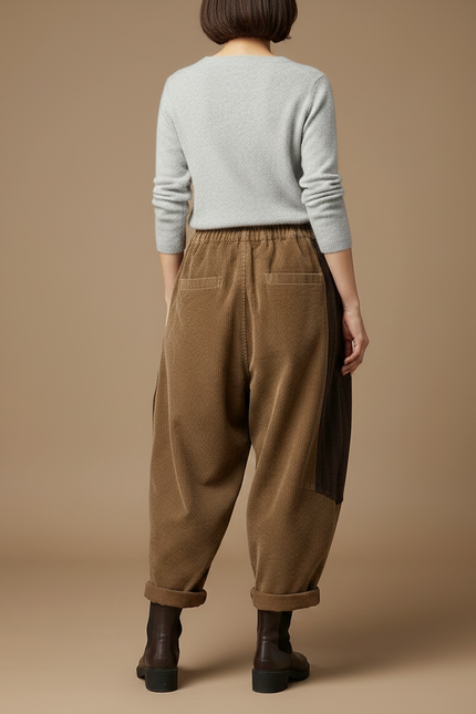 Pantalon Jupe Côtelé Marron Ample Vintage Patchwork - Cordé - vue 2