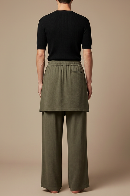 Pantalon Jupe Kaki Ample Superposé Fluide Homme - Lin - vue 2