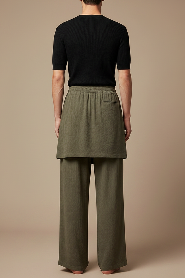 Pantalon Jupe Kaki Ample Superposé Fluide Homme - Lin - vue 2