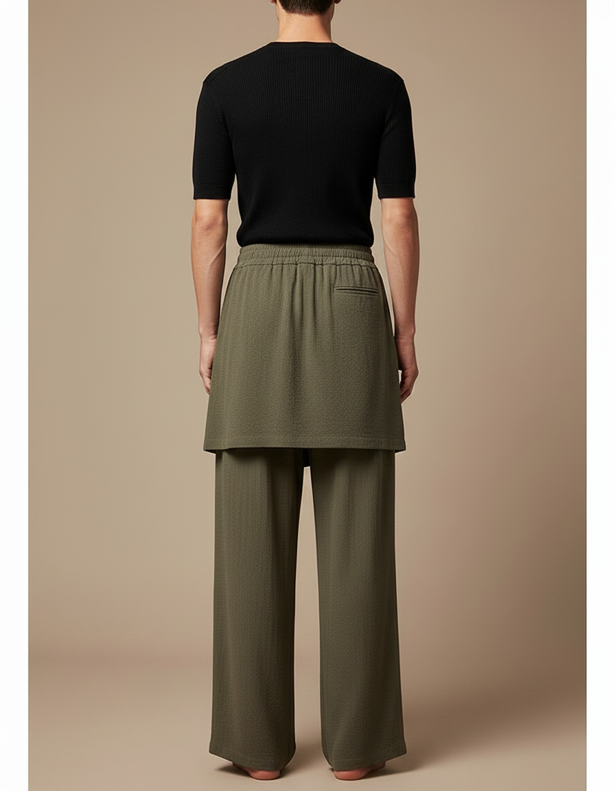 Pantalon Jupe Kaki Ample Superposé Fluide Homme - Lin - vue 2
