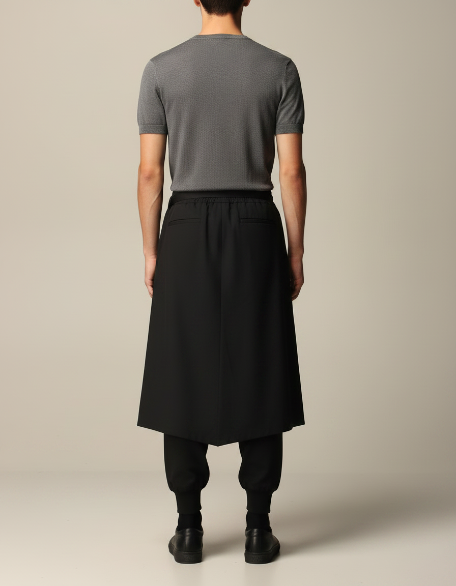 Pantalon Jupe Noir Asymétrique Coton Homme Décontracté - Molleton - vue 2