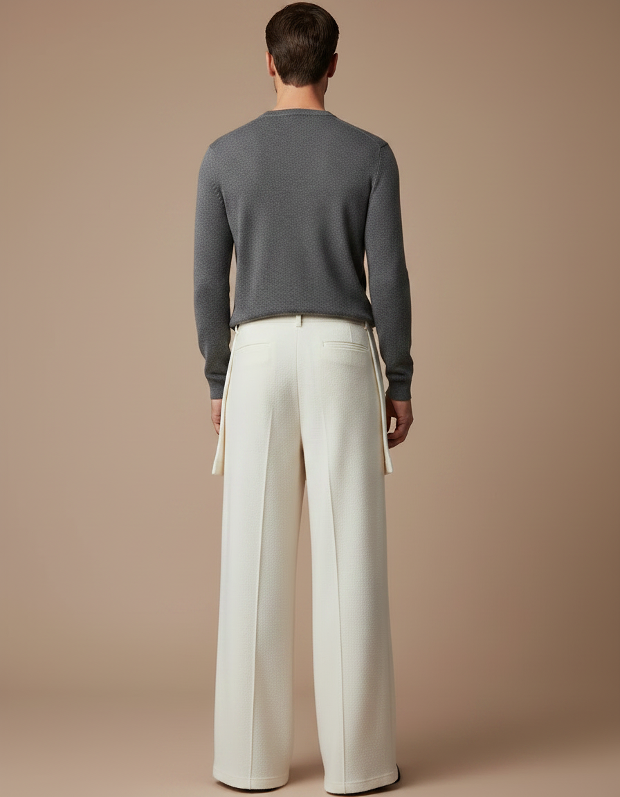 Pantalon Jupe Crème Laine Ample Superposé Élégant - Beige - vue 2