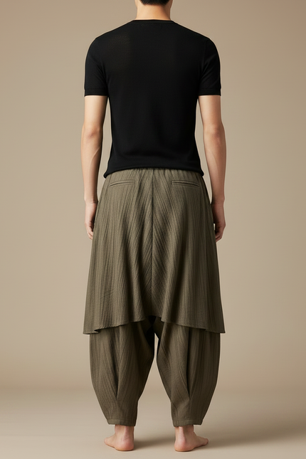 Pantalon Jupe Ample Vert Plissé Coton Homme - Kaki - vue 2