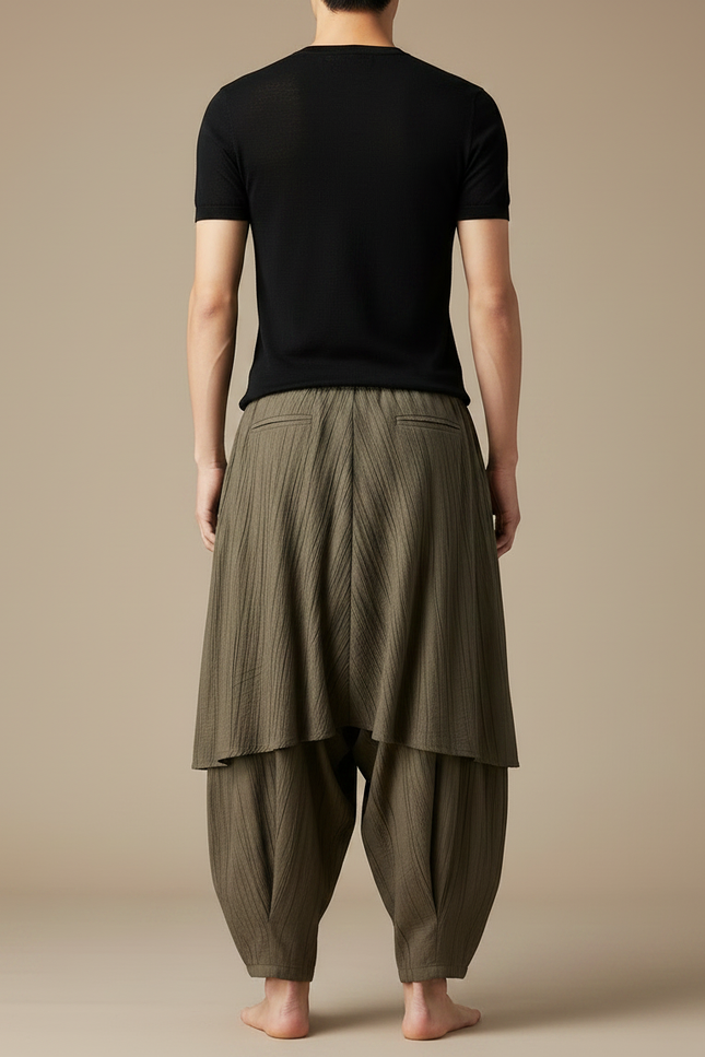 Pantalon Jupe Ample Vert Plissé Coton Homme - Kaki - vue 2