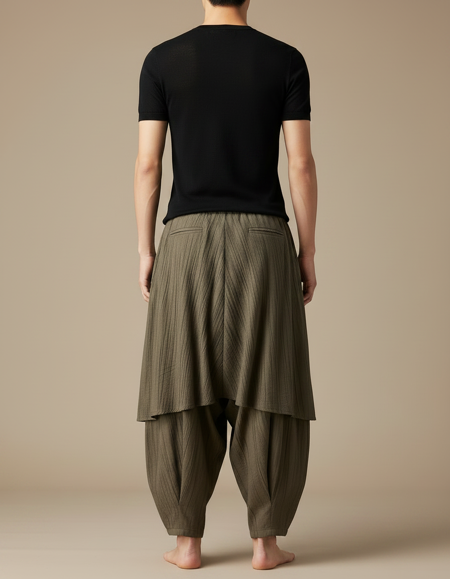 Pantalon Jupe Ample Vert Plissé Coton Homme - Kaki - vue 2