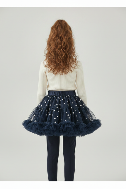 Pantalon Jupe Bleu Marine Étoiles Tulle Intégré Fille - Maille - vue 2