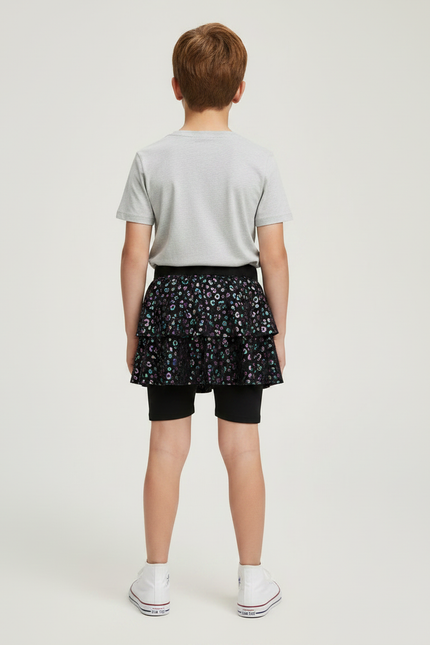 Pantalon Jupe Noir Brillant Imprimé Floral Danse Enfant - Polyester - vue 2