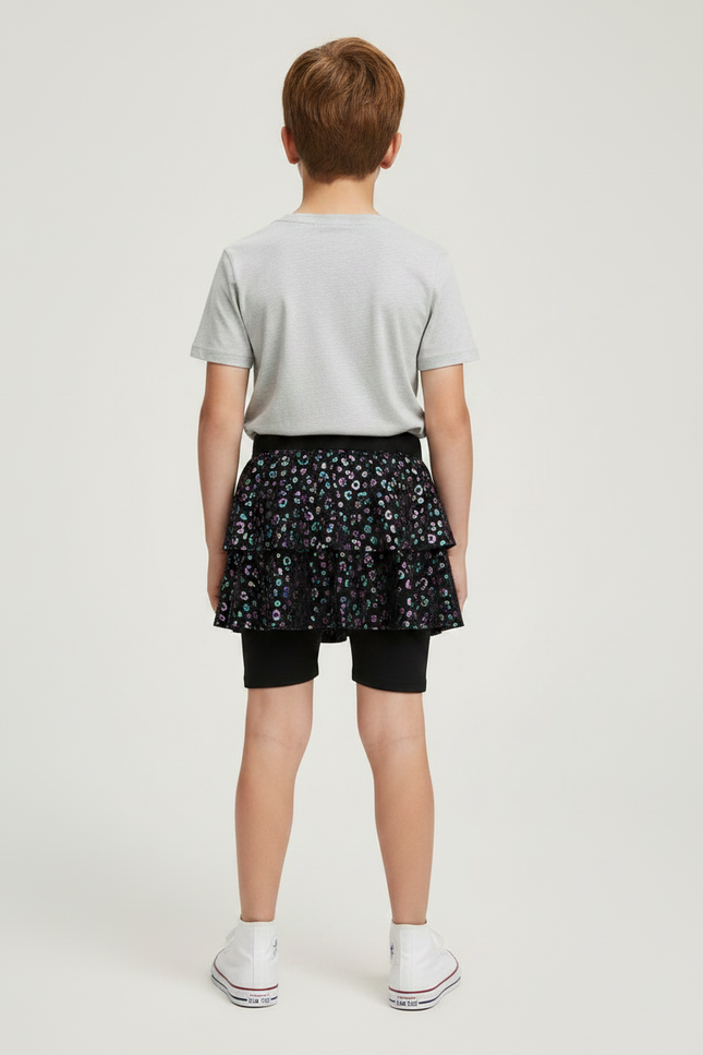Pantalon Jupe Noir Brillant Imprimé Floral Danse Enfant - Polyester - vue 2