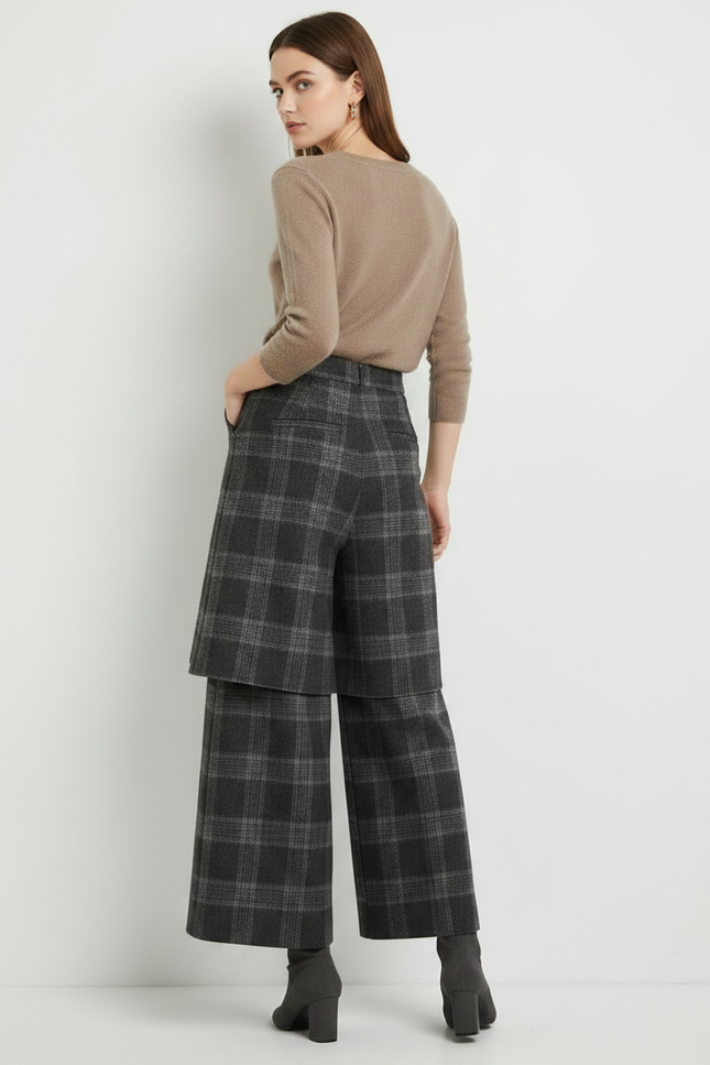 Pantalon Jupe Carreaux Gris Laine Ample Superposé Élégant Femme - vue 2
