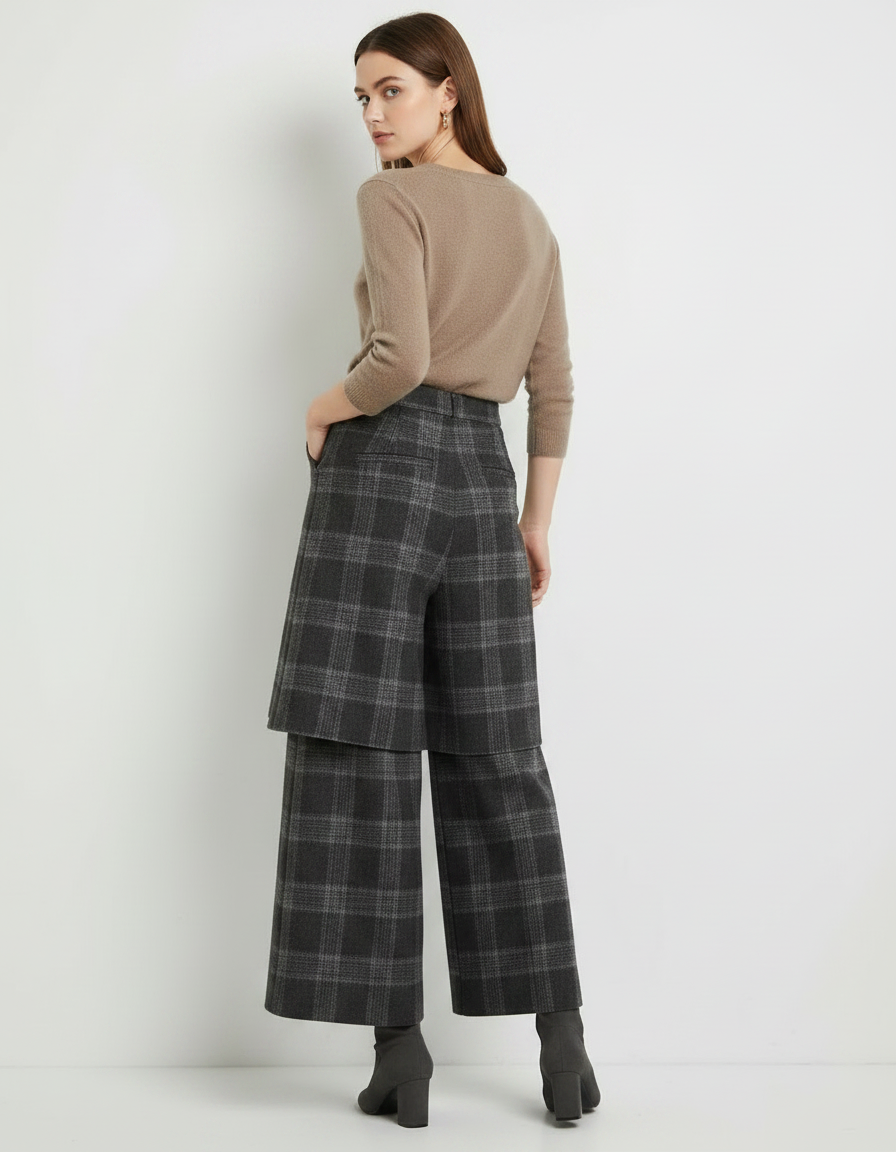 Pantalon Jupe Carreaux Gris Laine Ample Superposé Élégant Femme - vue 2