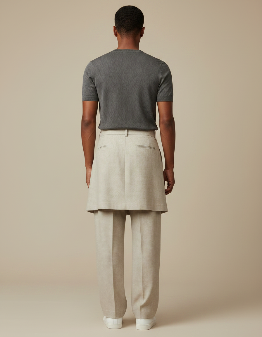 Pantalon Jupe Beige Plissé Ample Homme Moderne - Gabardine - vue 2