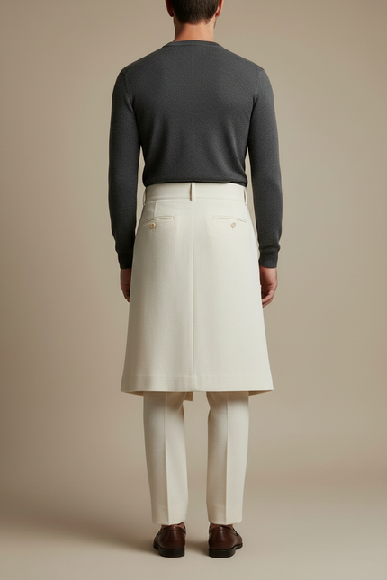 Pantalon Jupe Crème Plissé Élégant Sur-mesure Moderne - Beige Laine - vue 2