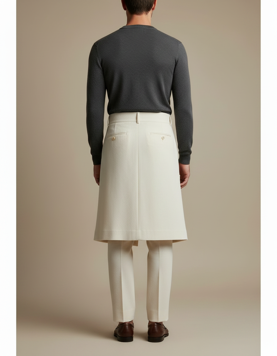 Pantalon Jupe Crème Plissé Élégant Sur-mesure Moderne - Beige Laine - vue 2