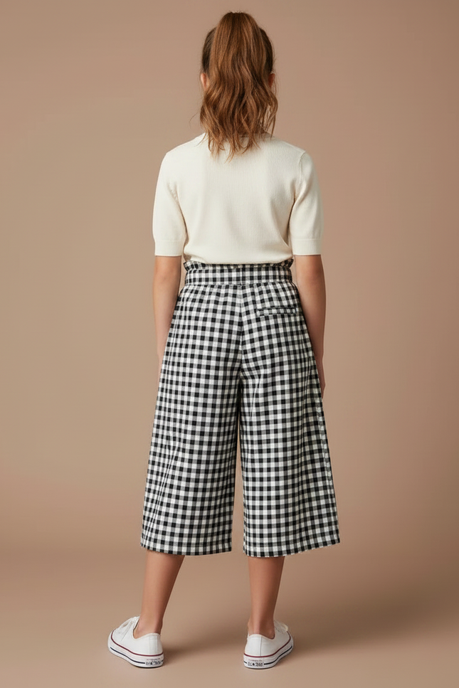 Pantalon Jupe Carreaux Noir Blanc Ample Cordon Fille - Imprimé Coton - vue 2