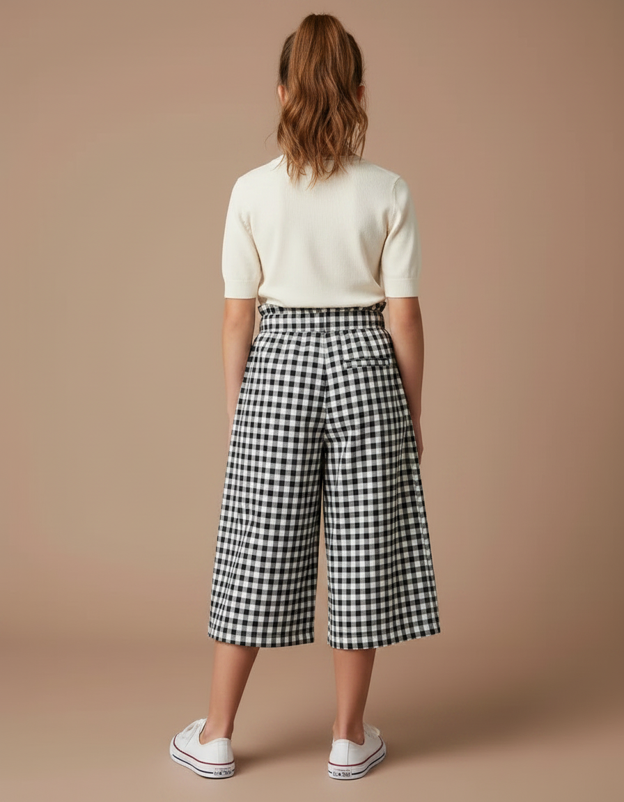 Pantalon Jupe Carreaux Noir Blanc Ample Cordon Fille - Imprimé Coton - vue 2