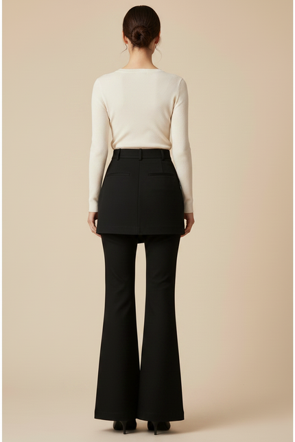 Pantalon Jupe Noir Évasé Élégant Taille Haute - Gabardine - vue 2