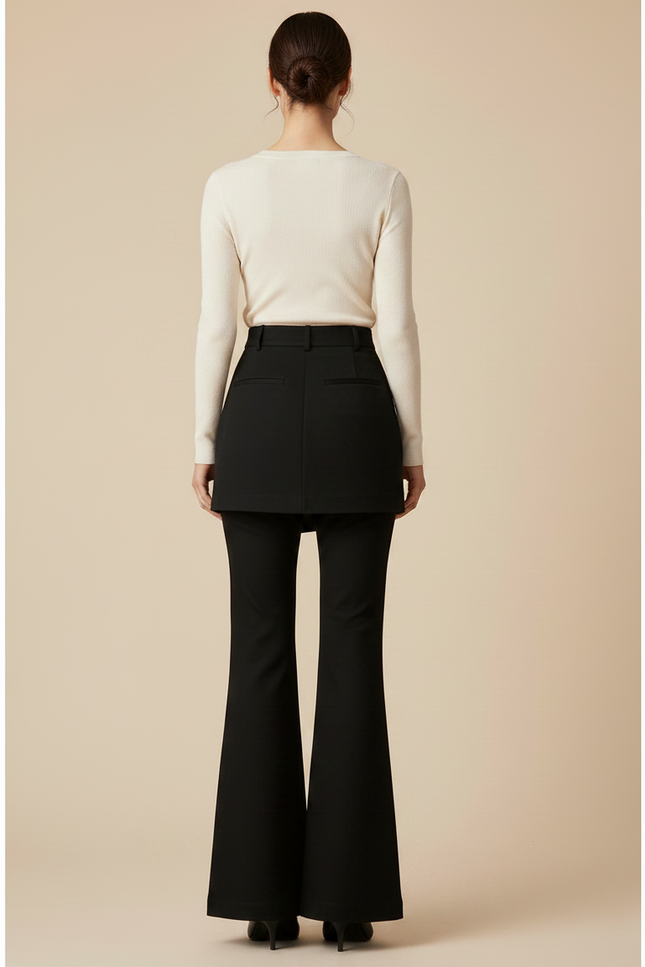 Pantalon Jupe Noir Évasé Élégant Taille Haute - Gabardine - vue 2