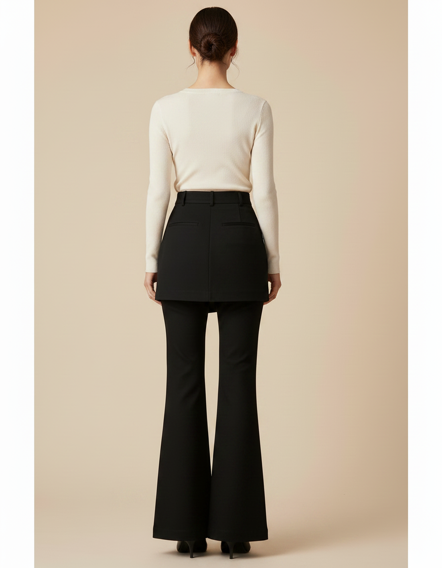 Pantalon Jupe Noir Évasé Élégant Taille Haute - Gabardine - vue 2