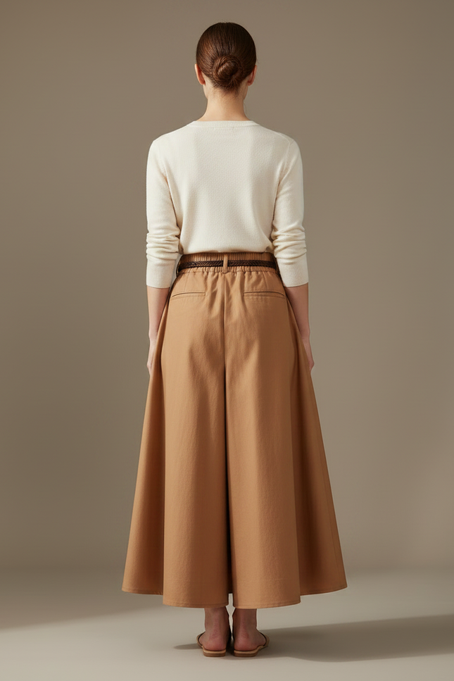 Pantalon Jupe Longue Plissée Marron Élégante Décontractée - Camel Laine - vue 2