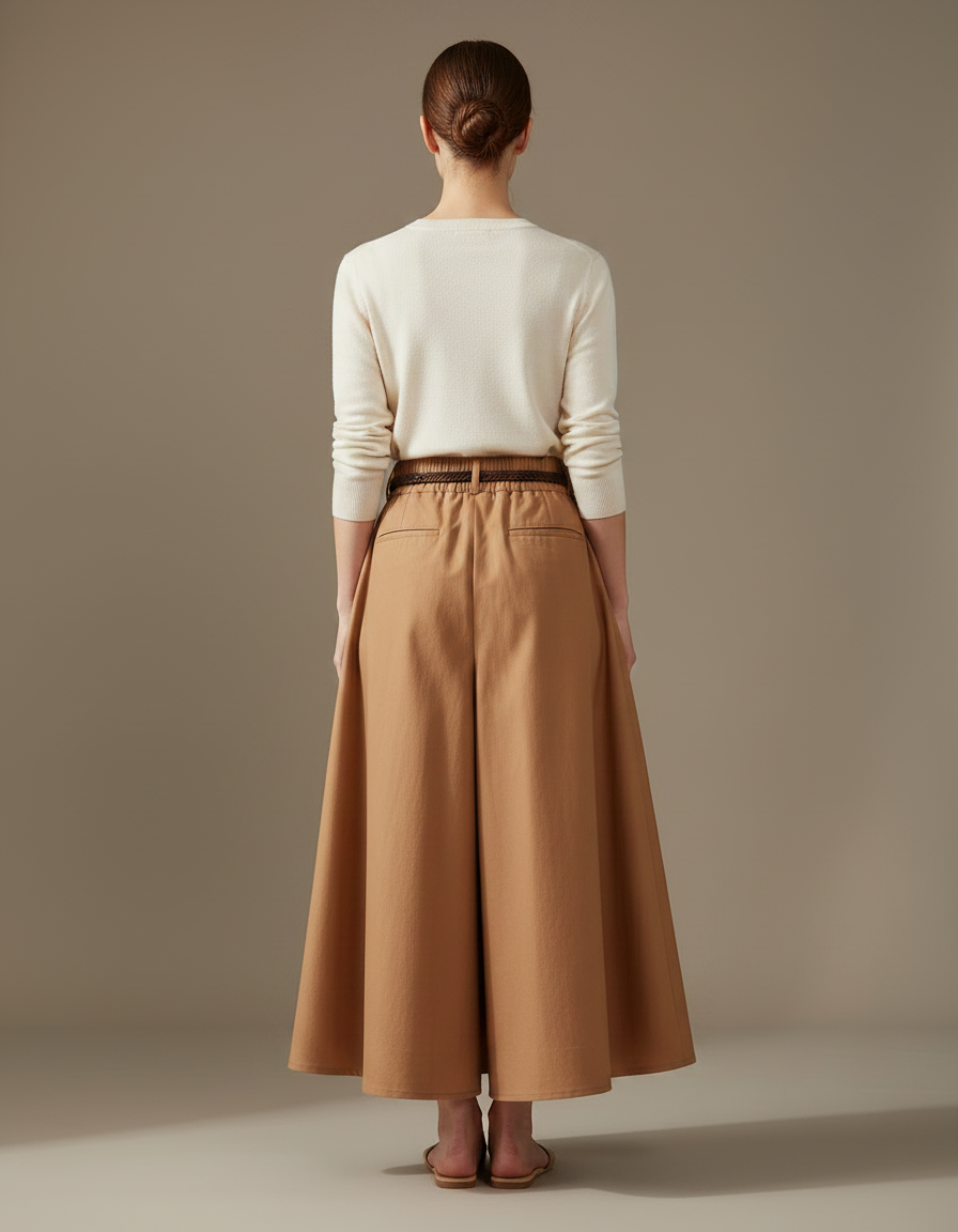Pantalon Jupe Longue Plissée Marron Élégante Décontractée - Camel Laine - vue 2