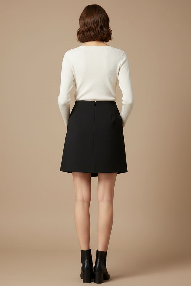 Pantalon Jupe Noir Asymétrique Élégant Boutons Chic - Gabardine - vue 2