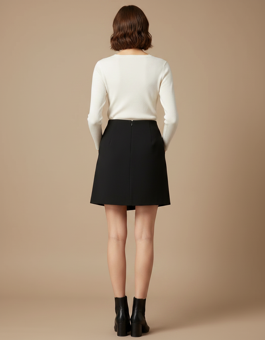 Pantalon Jupe Noir Asymétrique Élégant Boutons Chic - Gabardine - vue 2