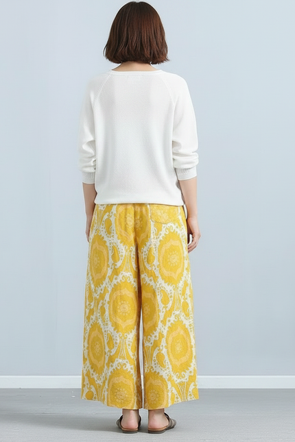 Pantalon Jupe Jaune Lin Ample Motif Ethnique Décontracté - vue 2