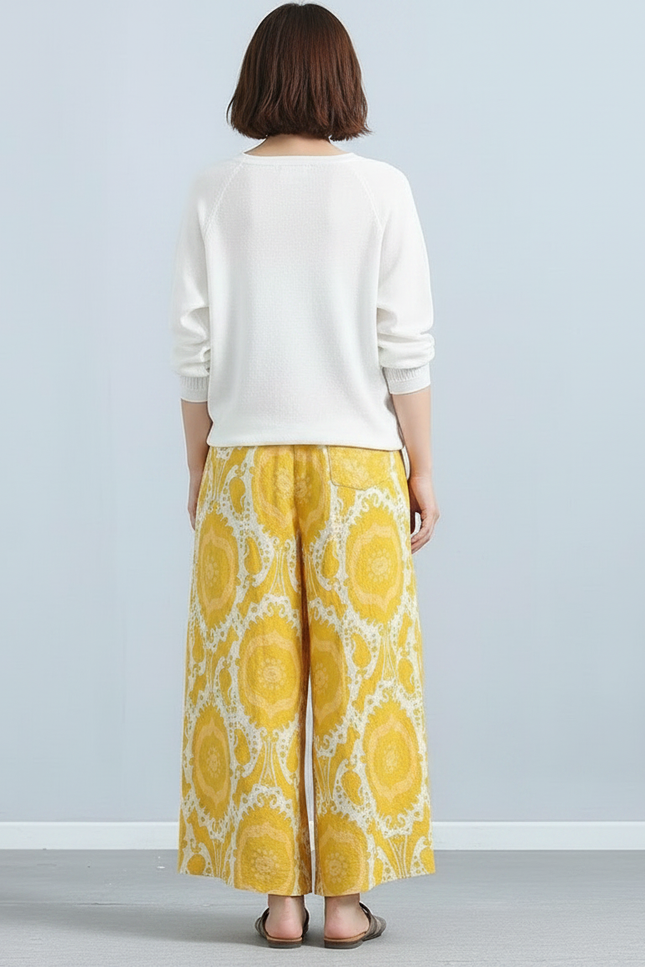 Pantalon Jupe Jaune Lin Ample Motif Ethnique Décontracté - vue 2