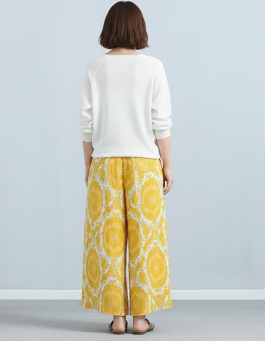 Pantalon Jupe Jaune Lin Ample Motif Ethnique Décontracté - vue 2