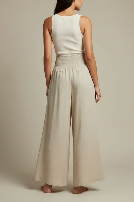 Pantalon Jupe Beige Lin Ample Smocké Décontracté - vue 2