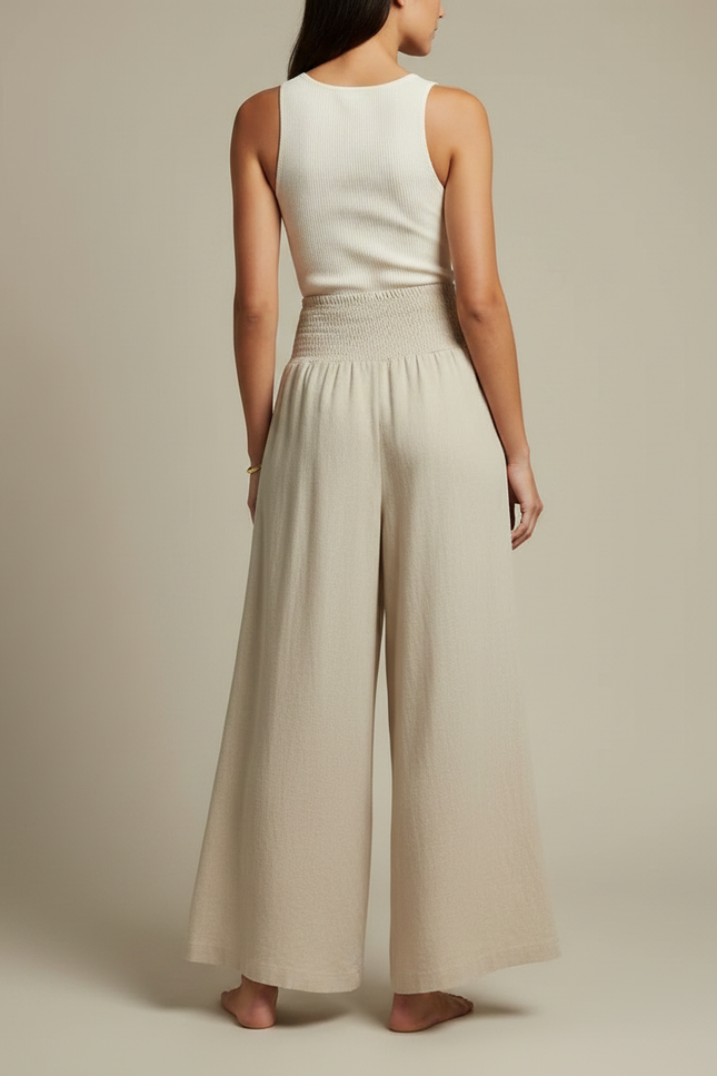 Pantalon Jupe Beige Lin Ample Smocké Décontracté - vue 2