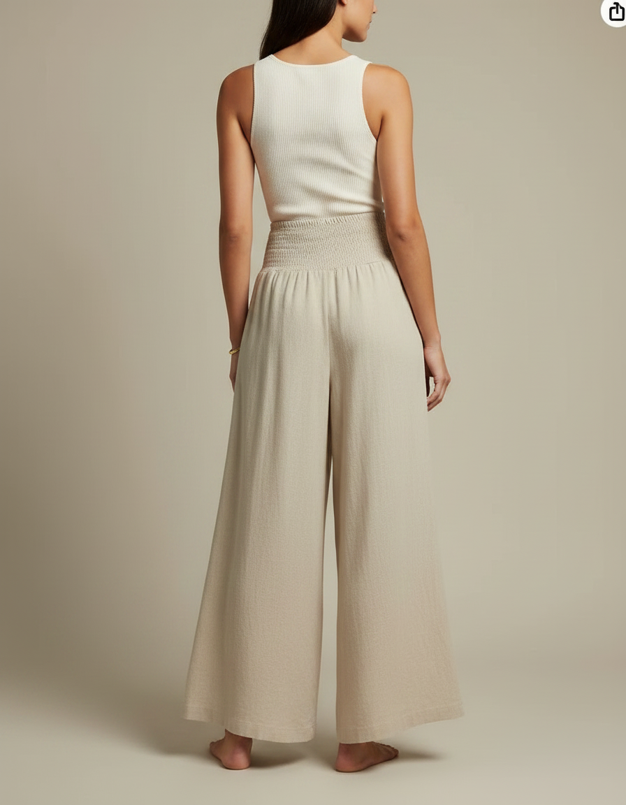 Pantalon Jupe Beige Lin Ample Smocké Décontracté - vue 2