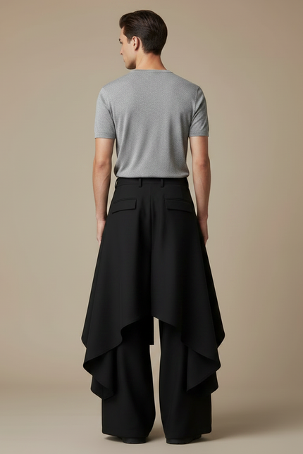 Pantalon Jupe Noir Ample Asymétrique Évasé Fluide - Polyester - vue 2