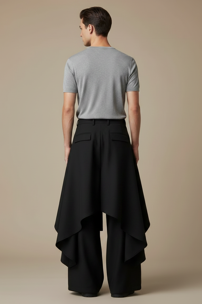 Pantalon Jupe Noir Ample Asymétrique Évasé Fluide - Polyester - vue 2