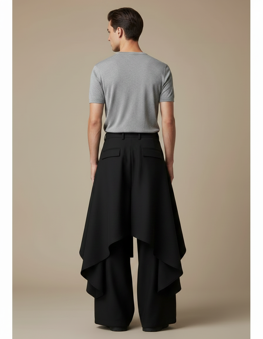 Pantalon Jupe Noir Ample Asymétrique Évasé Fluide - Polyester - vue 2
