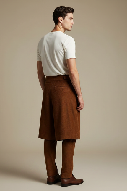 Pantalon Jupe Marron Côtelé Plissé Homme Élégant - Cordé - vue 2