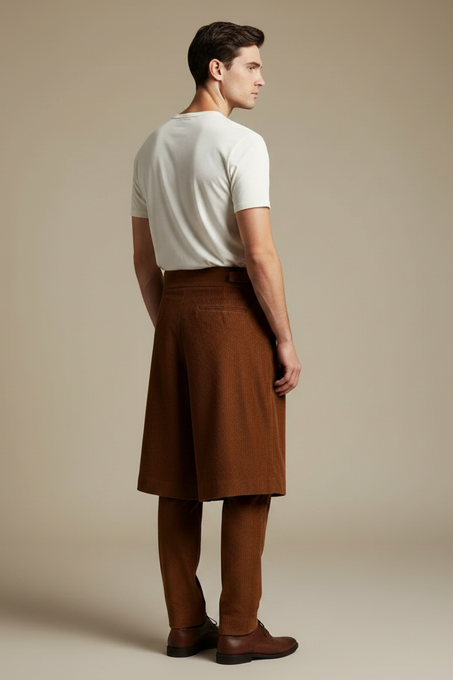 Pantalon Jupe Marron Côtelé Plissé Homme Élégant - Cordé - vue 2